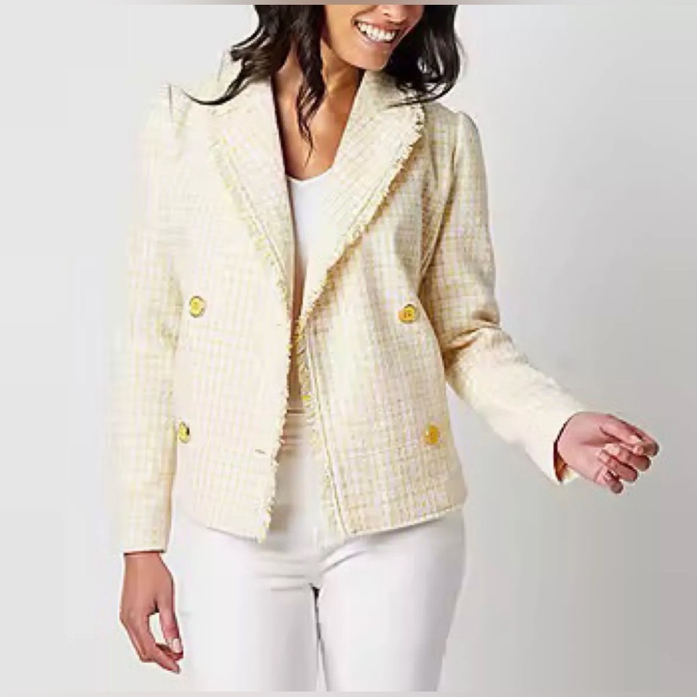 Liz Claiborne Cream and Yellow Tweed Double-Breasted Blazer